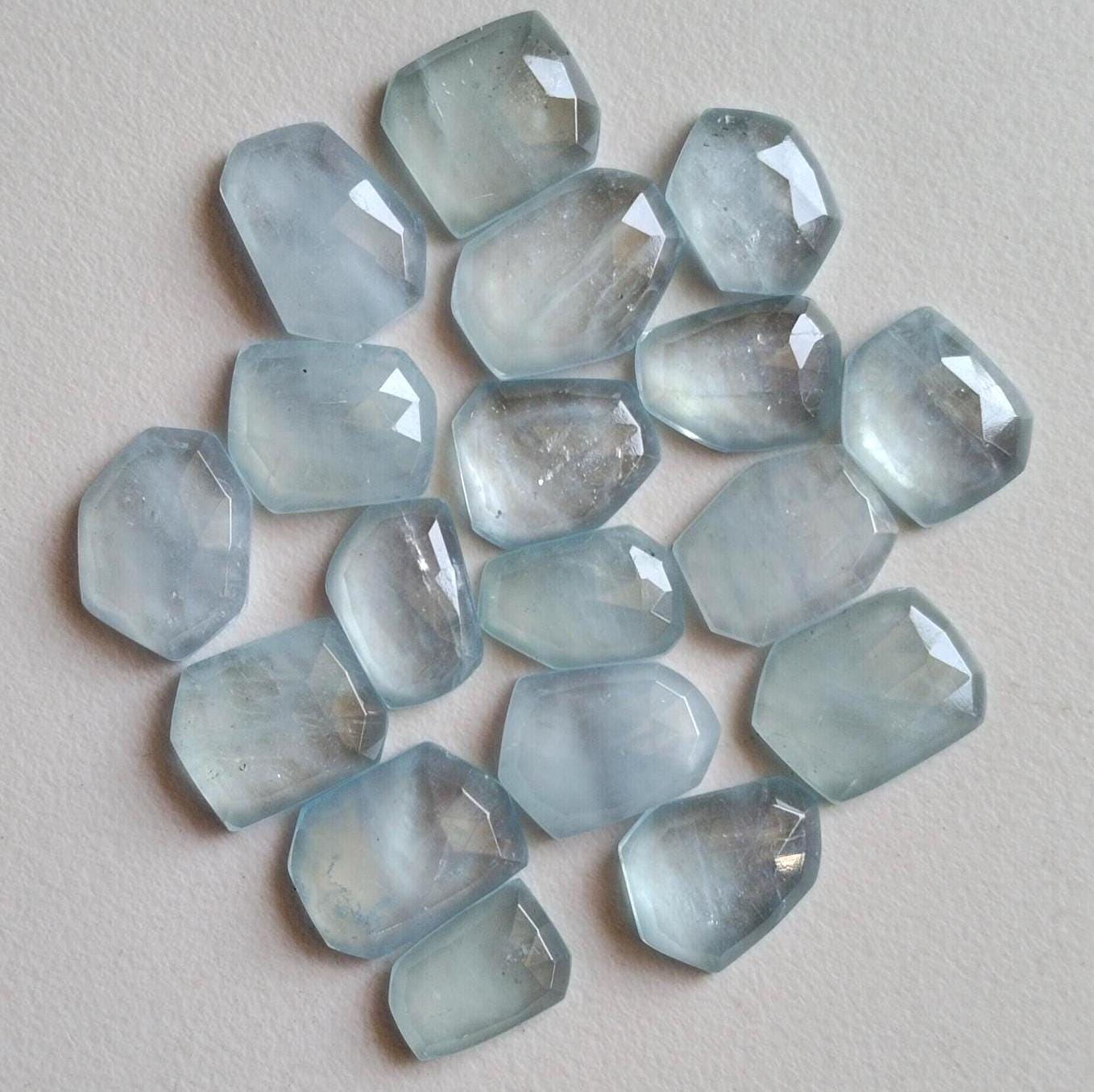 15-16mm Aquamarine Fancy Rose Cut Cabochons, Natural Aquamarine Flat Back Cabochons, Faceted Aquamarine Gemstones 2 Pieces - Pnt50a