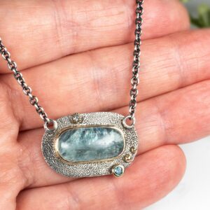 Collier En Argent Et Or 14k Avec Une Aigue-marine, Collier Aquamarine Et Diamants, Pendentif Fixe Sur Chaine, Aquamarine Cabochon Bleu Ciel.
