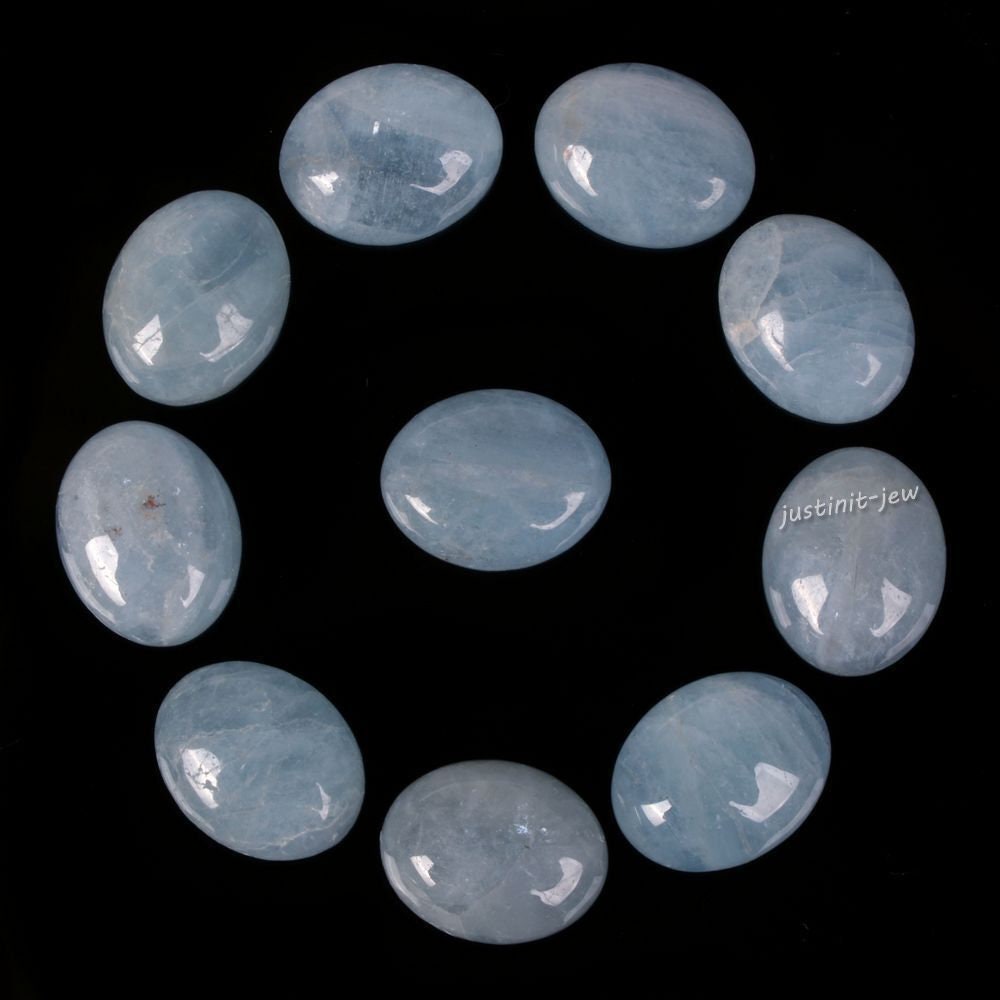 G1574.1 10 Pcs 10mm Aquamarine Gemstone Oval Cab Cabochon