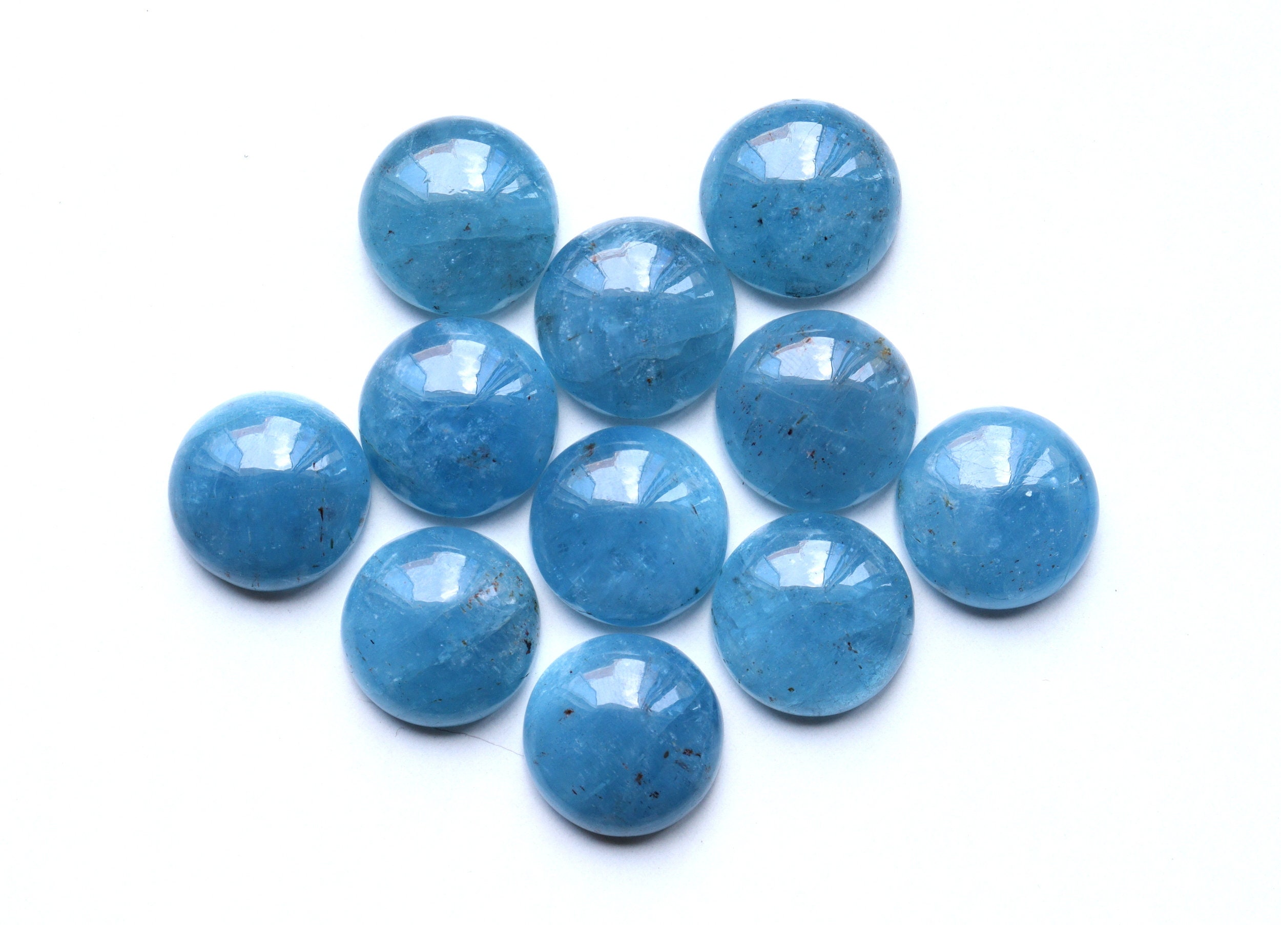 Natural Blue Aquamarine Cabochon: Round Flat Back Gemstone Pendant