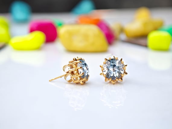 14k Gold Aquamarine Earrings For Women Round Cut Aquamarine Wedding Studs Antique Statement Bridal Studs Minimalist Aquamarine Studs For Her