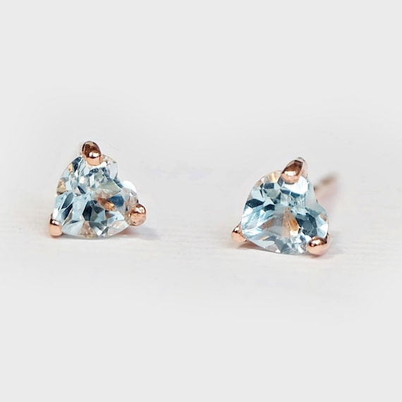 14k Gold Heart Aquamarine Stud Earrings, March Birthstone Studs, Dainty Minimalist Jewelry Gift
