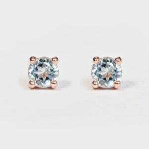 14k Gold Aquamarine Stud Earrings, March Birthstone Jewelry, Dainty Round Gemstone Studs