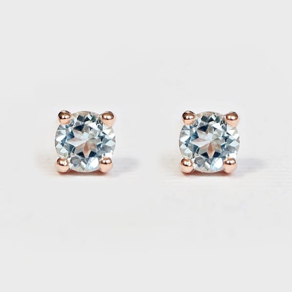 14k Gold Aquamarine Stud Earrings, March Birthstone Jewelry, Dainty Round Gemstone Studs