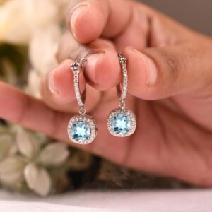 Cushion Aquamarine Earrings, Birthstone earring, Halo Aqua earing, Bridal jewelry