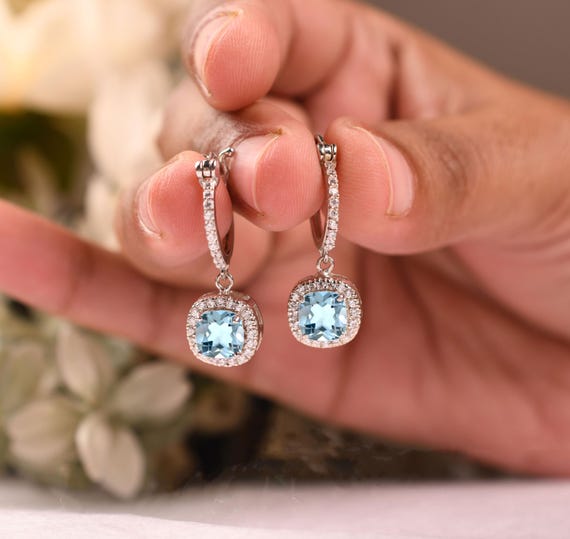 Cushion Aquamarine Earrings, Birthstone Earring, Halo Aqua Earing, Bridal Jewelry