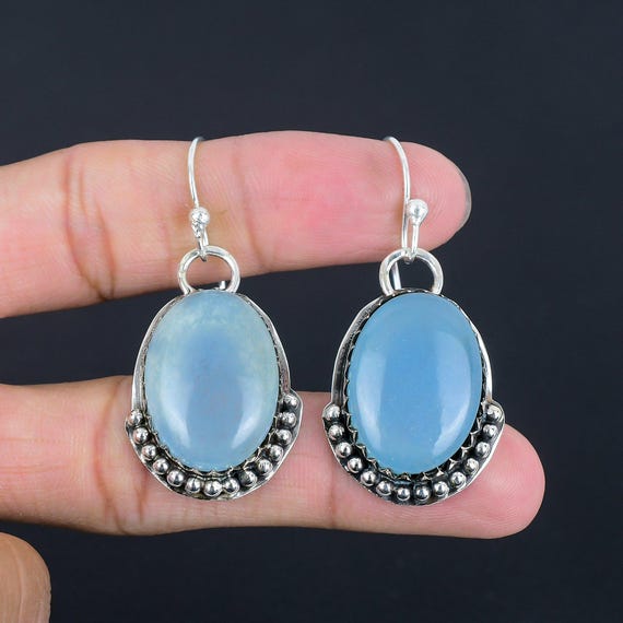 Handmade Aquamarine Earrings: Oval Gemstone, 925 Sterling Silver Handmade Aquamarine Earrings: Oval Gemstone, 925 Sterling Silver