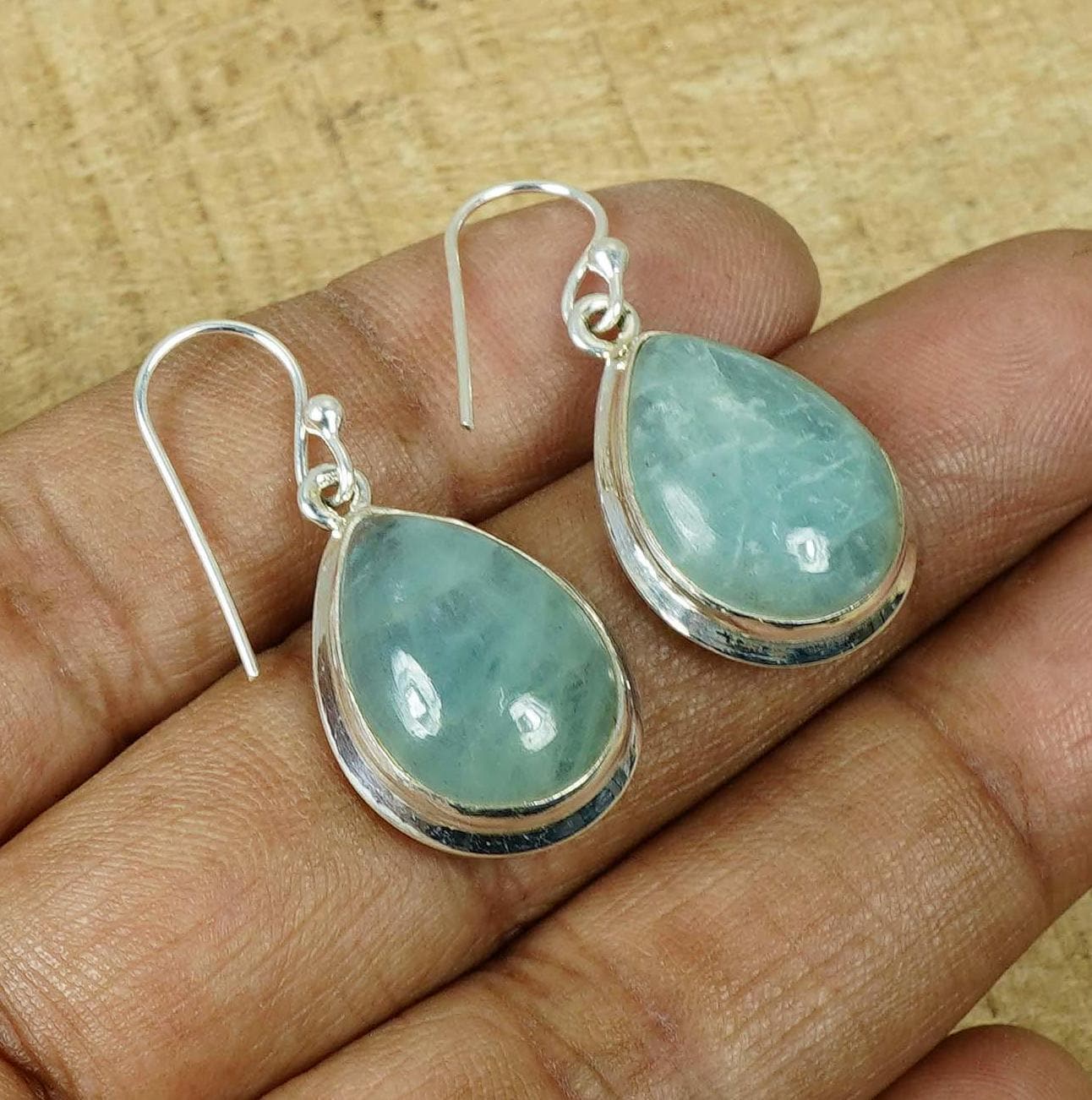 Handmade Pear Aquamarine Sterling Silver Hook Earrings