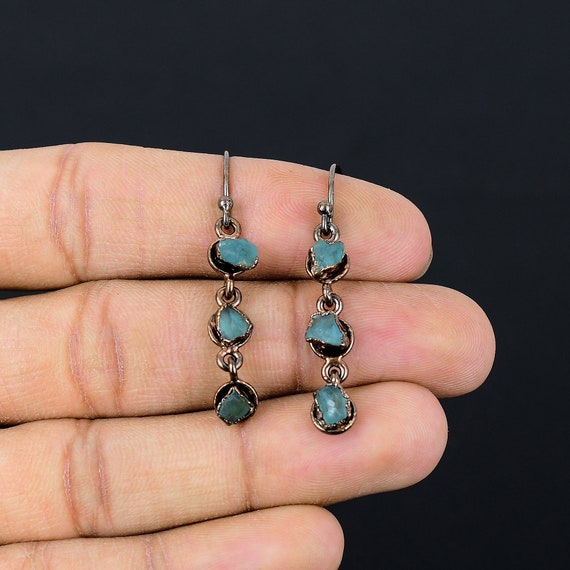 Handmade Aquamarine Rough Earrings, Electroformed Copper Jewelry