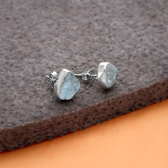 Handmade Aquamarine Stud Earrings: 925 Sterling Silver, March Birthstone
