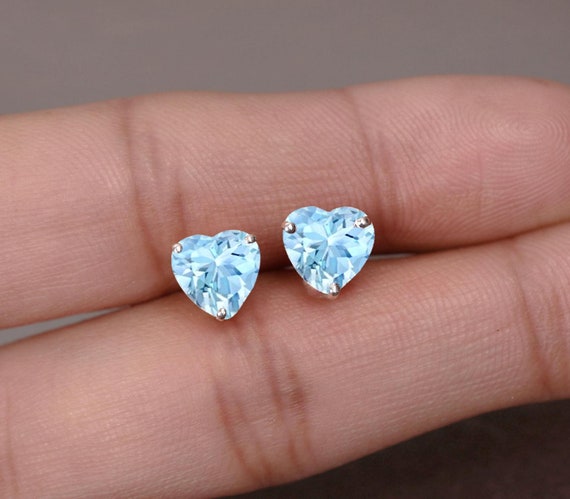 Aquamarine Earrings: Heart Stud Earring, 14k Gold & Sterling Silver Bridal Jewelry