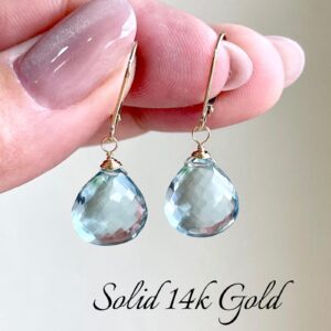 Aquamarine Earrings, March Birthstone, Solid 14k Gold Light Blue Teardrop Minimalist Jewelry, Real Gold Drops Bride Something Blue Mom Gift