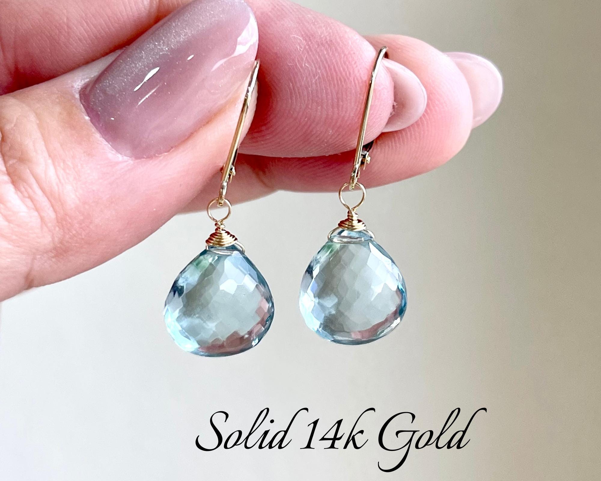 Aquamarine Earrings, March Birthstone, Solid 14k Gold Light Blue Teardrop Minimalist Jewelry, Real Gold Drops Bride Something Blue Mom Gift