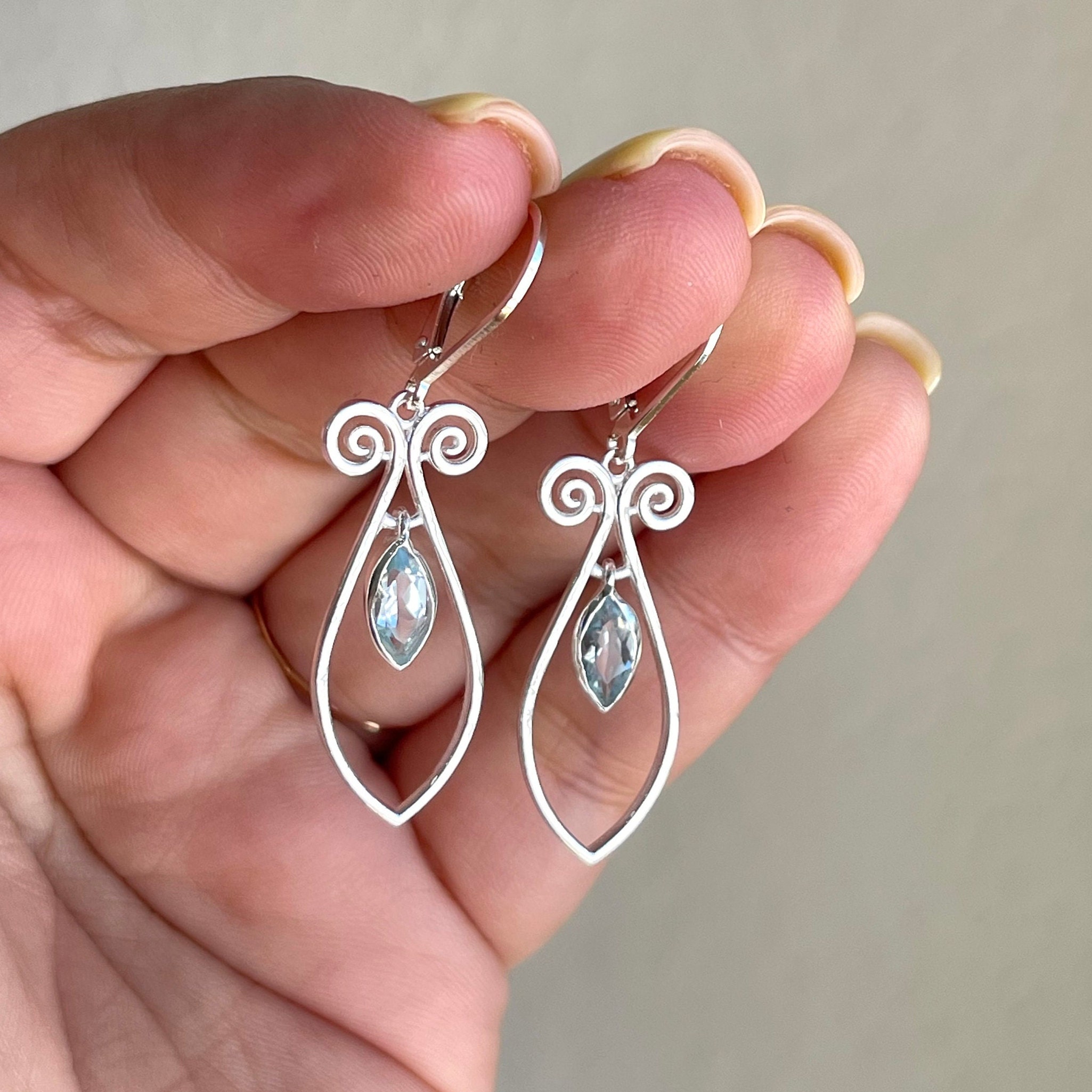 Aquamarine Marquise Wire Wrapped Earrings, March Birthstone, Blue Leaf Drop Earrings In Sterling Silver, Light Weight Silver Jewelry For Mom
