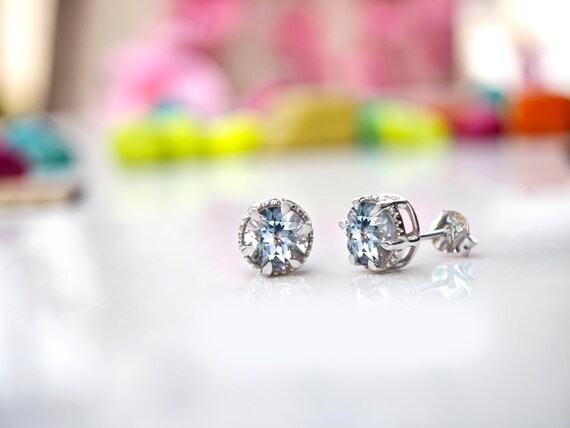 Natural Aquamarine Dainty Earrings For Women 925 Sterling Silver Stud Earrings Unique Statement Gemstone Earrings Minimalist Bridal Earrings