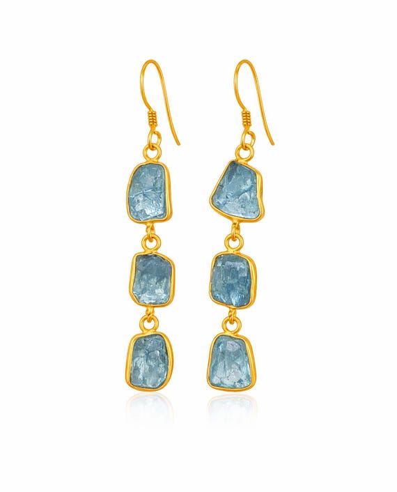 Natural Raw Aquamarine Earrings: 925 Sterling Silver, Minimalist - Rough Gemstone Jewelry