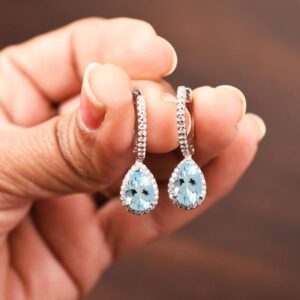 Pear Aquamarine Halo Earrings, Aquamarine Earring, Bridal jewelry