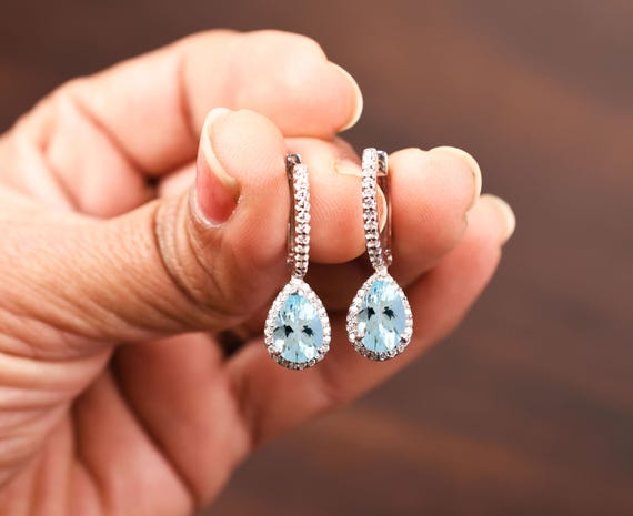 Pear Aquamarine Halo Earrings, Aquamarine Earring, Bridal Jewelry