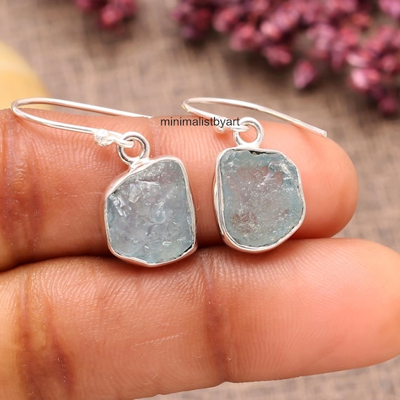 Aquamarine Earrings: Raw Blue Gemstone, 925 Sterling Silver Dangle
