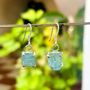 Raw Aquamarine Dangle Earrings: 925 Sterling Silver