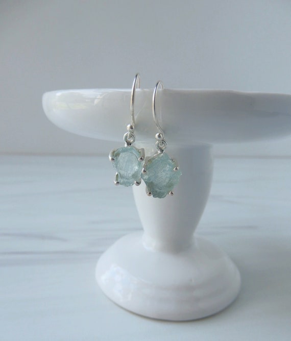Raw Gemstone Earrings Sterling Silver • Raw Aquamarine Earrings • Aquamarine Jewelry • Healing Gemstone • Sterling Aquamarine Crystal