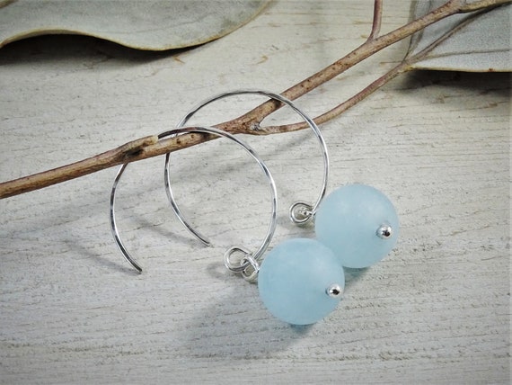 Aquamarine Earrings | Raw Aquamarine Hoops | Sterling Silver Threader Aquamarine Crystal | March Birthstone | Blue Healing Gemstone | Men