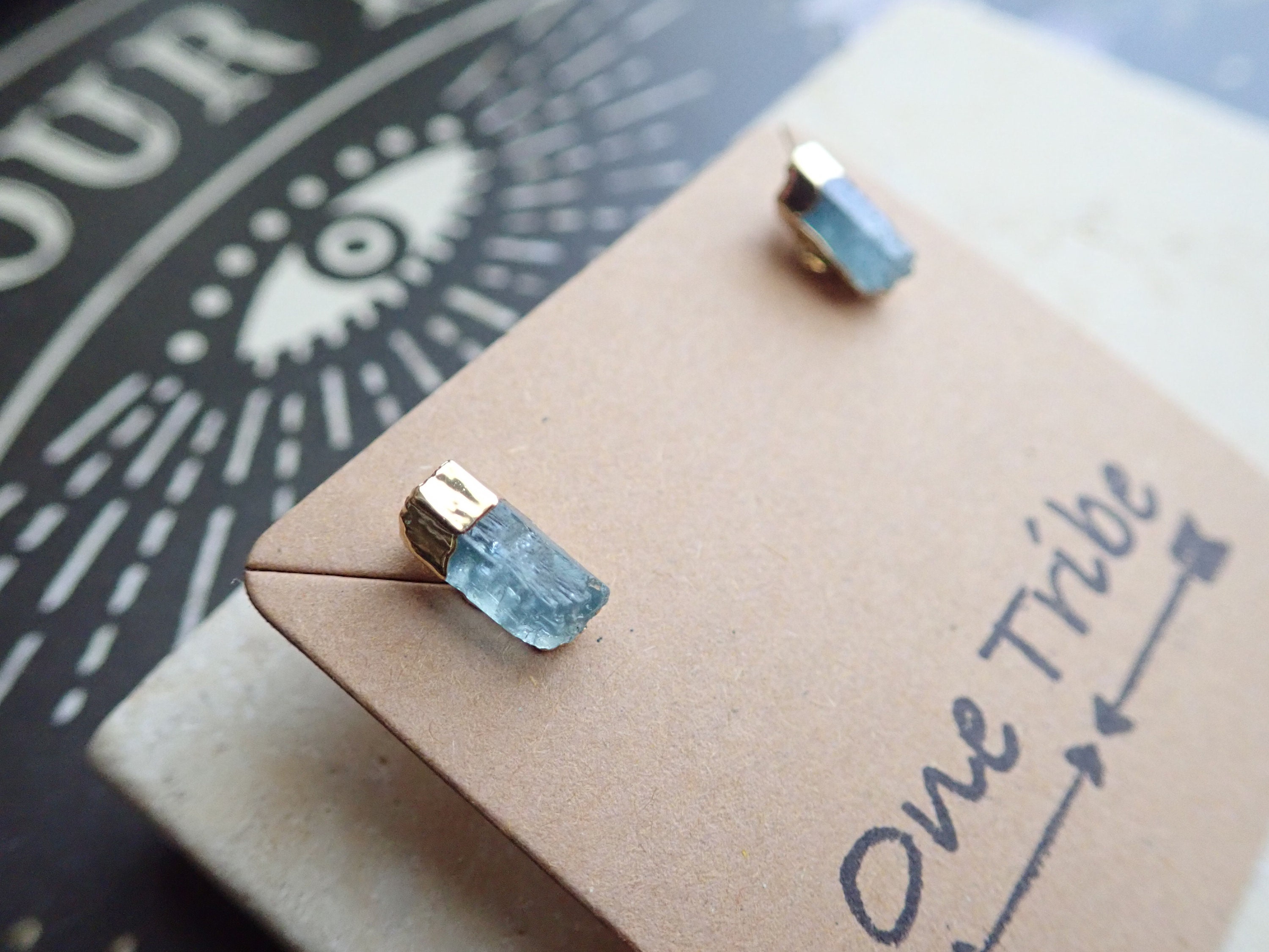 Raw Aquamarine Stud Earrings, Gemstone Bar Earrings, Small Gemstone Posts, Aquamarine Jewelry, March Birthstone Earrings, Gift For Her