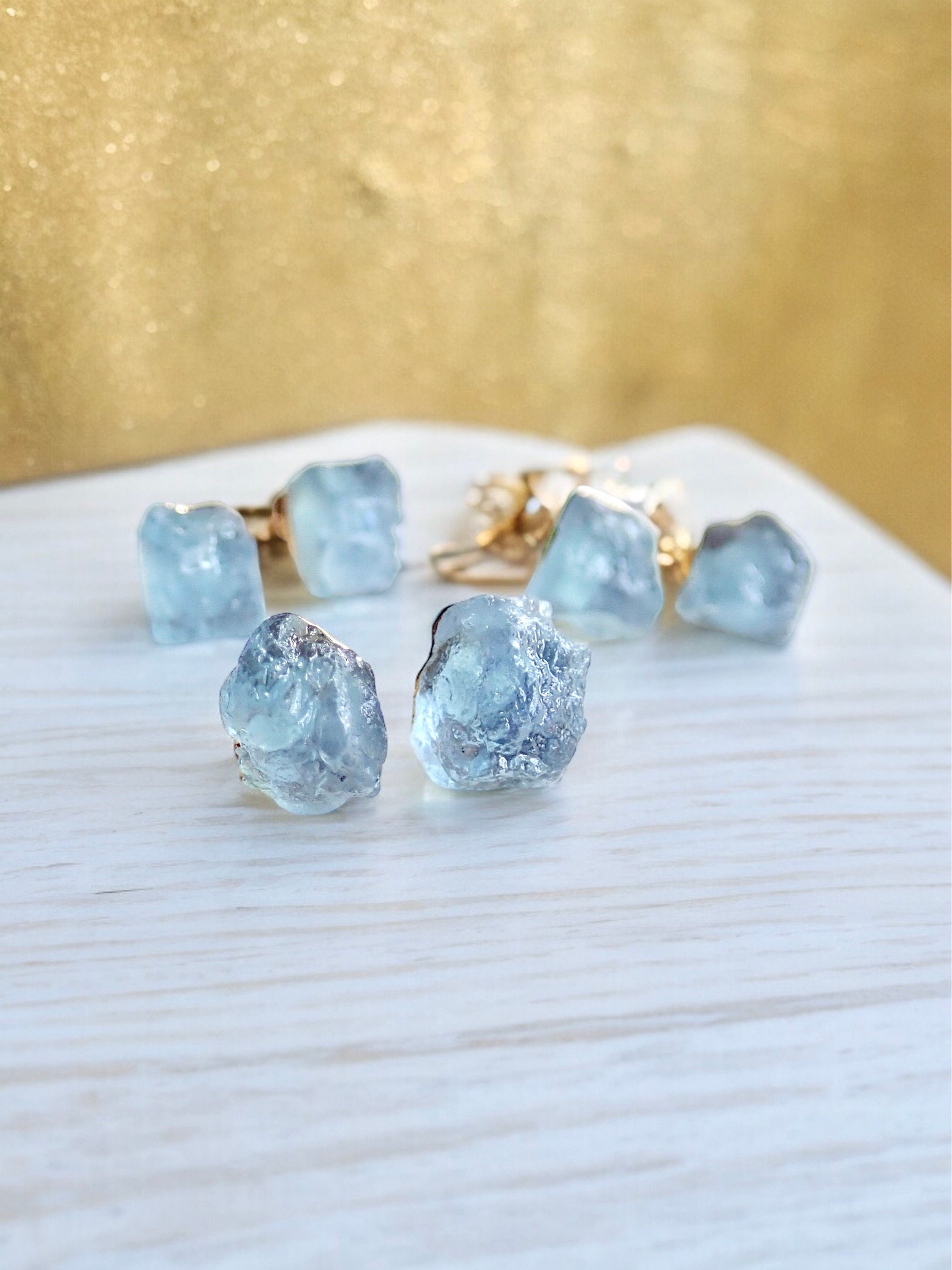 Raw Aquamarine Stud Earrings, Aquamarine Posts Gold, Aquamarine Jewelry, Blue Crystal Studs,march Birthstone Gift, Dainty Gemstone Earrings