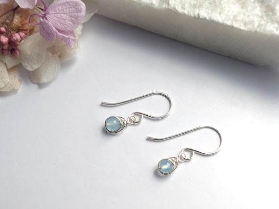 Aquamarine Earrings Sterling Silver, Dainty Wire Wrapped Aquamarine Earrings, Gift For Her, 14k Gold Filled, March Birthstone