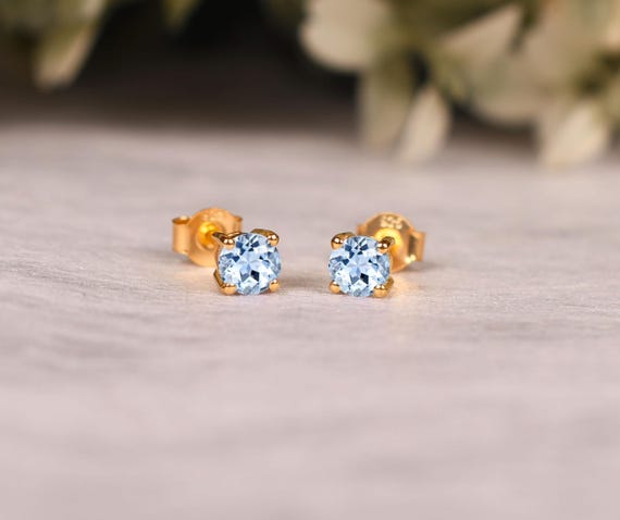 Aquamarine Stud Earrings, 14k Gold, Bridal Jewelry (4 Mm)