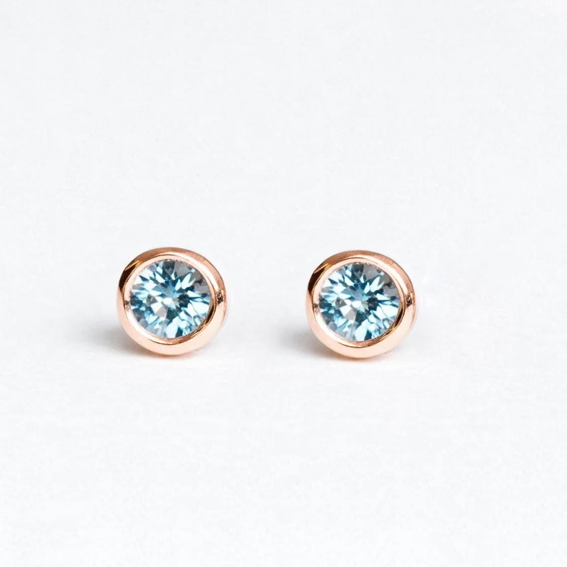 Aquamarine Stud Earrings, 14k Rose Gold, Daintymarch Birthstone Jewelry, Minimal Bezel Set Studs