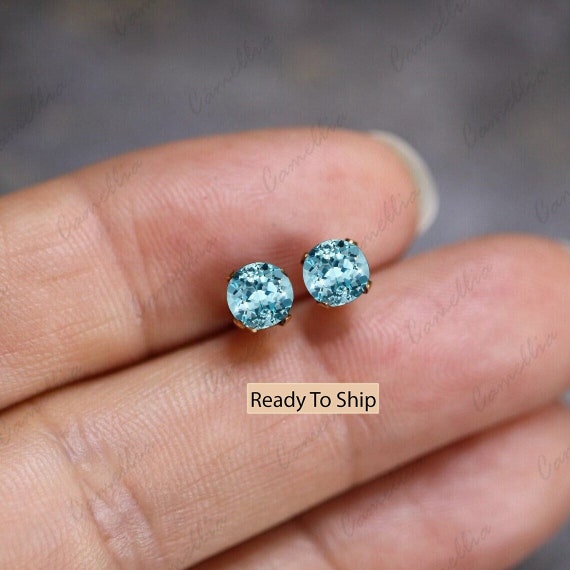 Aquamarine Stud Earrings, 925 Sterling Silver, Bridal Jewelry