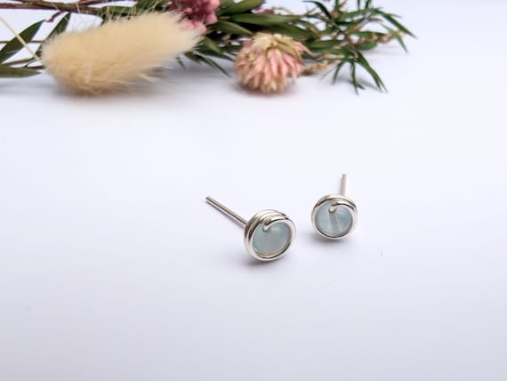 Aquamarine Stud Earrings Sterling Silver 14k Gold Filled March Birthstone Jewellery Wire Wrapped Gift For Her Dainty Earring Studs