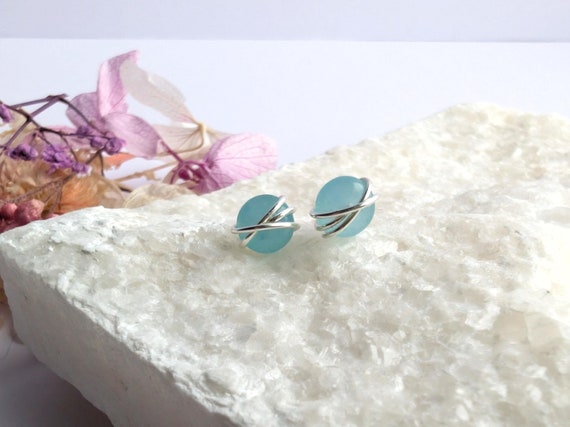 Aquamarine Stud Earrings Sterling Silver 14k Gold Filled March Birthstone Jewellery Wire Wrapped Gift For Her Dainty Earring Studs