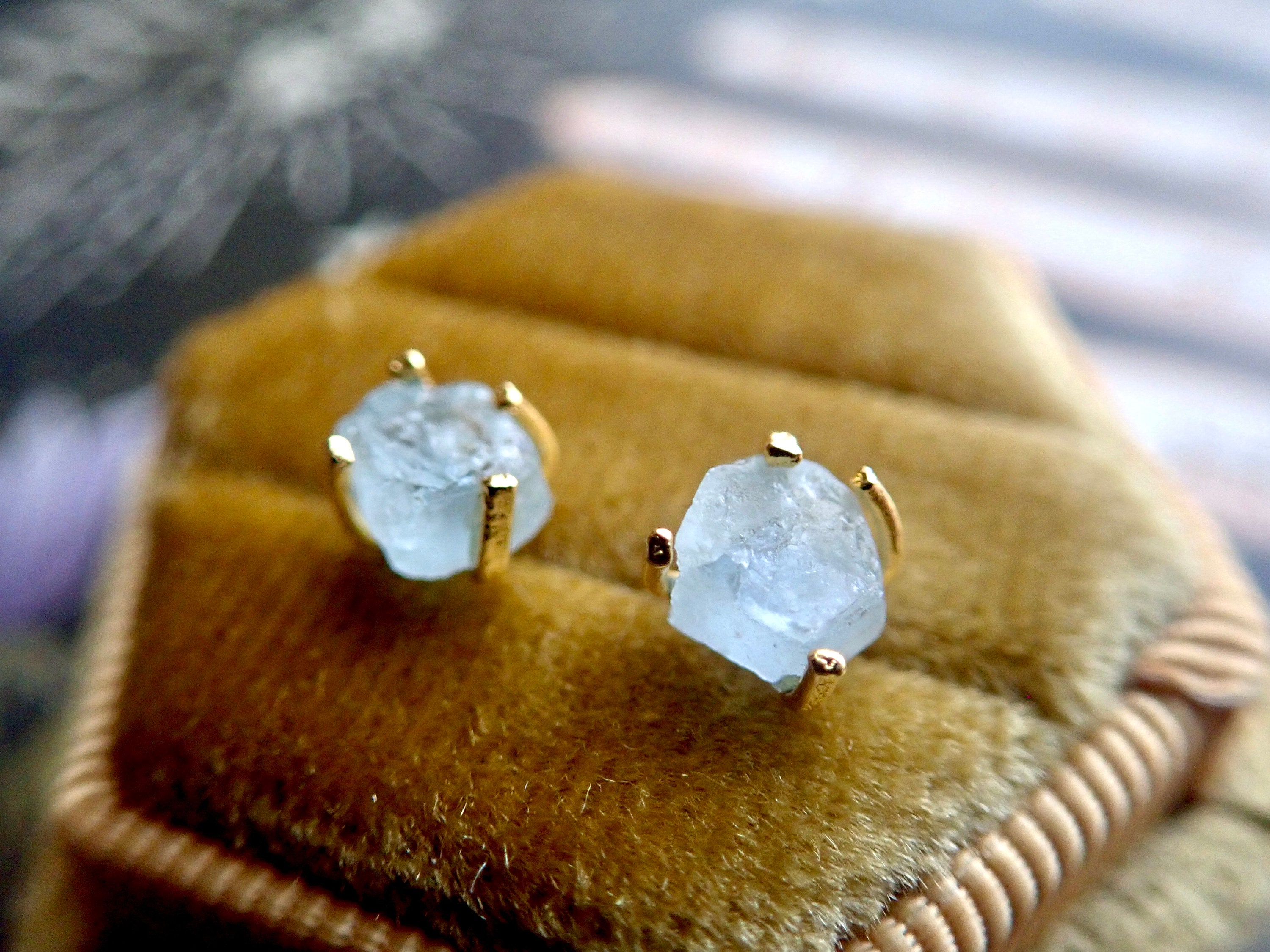 Tiny Aquamarine Birthstone Earrings, Raw Aquamarine Studs, Handmade Birthstone Jewelry, Rough Crystal Earrings, Dainty Gemstone Earrings
