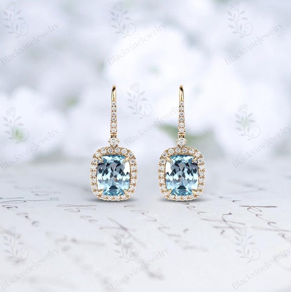 Unique Aquamarine Earrings For Women Cushion Cut Aquamarine Halo Style Dangle Drop 925 Silver Aquamarine Bridal Dangle Drop Anniversary Gift