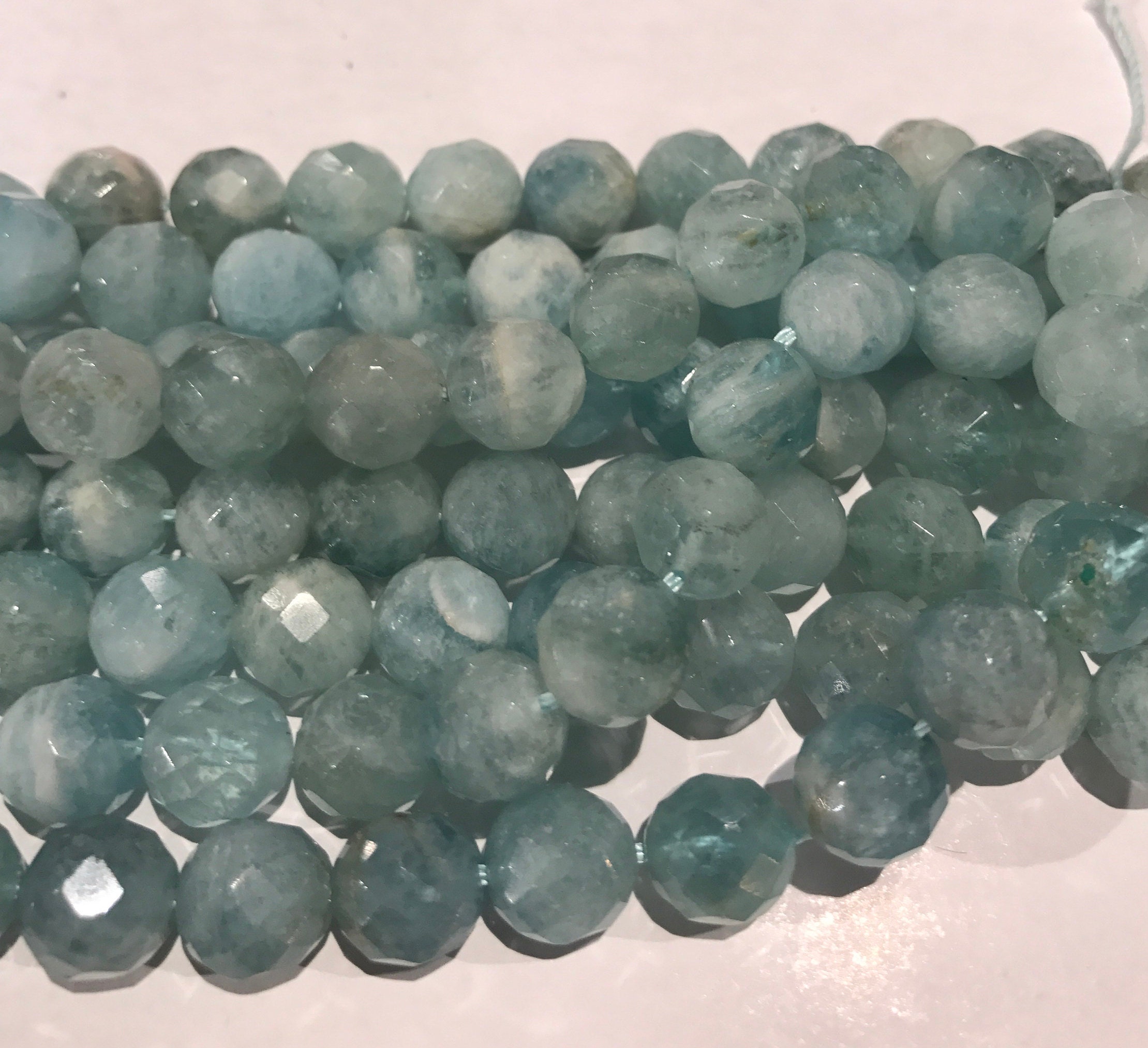 Natural 6mm Faceted Round Aquamarine Gemstone Bead - 7.5 Inch Strand