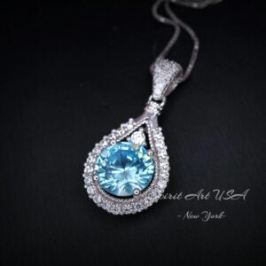 8mm Round Aquamarine Necklace Sterling Silver 2ct Teardrop Style White Gold Plated March Birthstone #335 8mm Round Aquamarine Necklace Sterling Silver 2ct Teardrop Style White Gold Plated March Birthstone #335