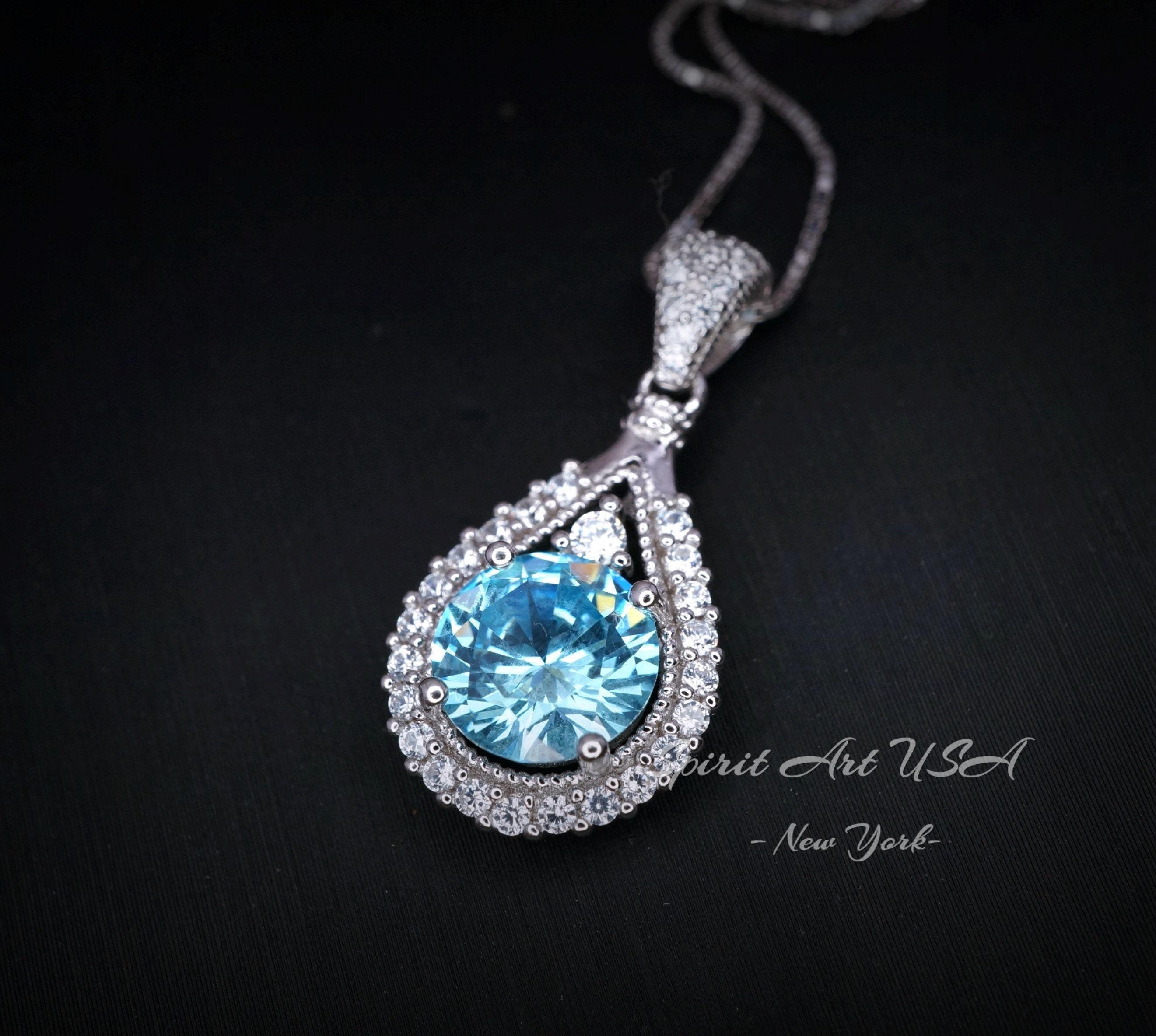 8mm Round Aquamarine Necklace Sterling Silver 2ct Teardrop Style White Gold Plated March Birthstone #335