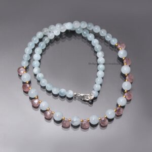 Aquamarine and Strawberry Quartz Beaded Necklace, March Birthstone, 20 Inch Aquamarine and Strawberry Quartz Beaded Necklace, March Birthstone, 20 Inch
