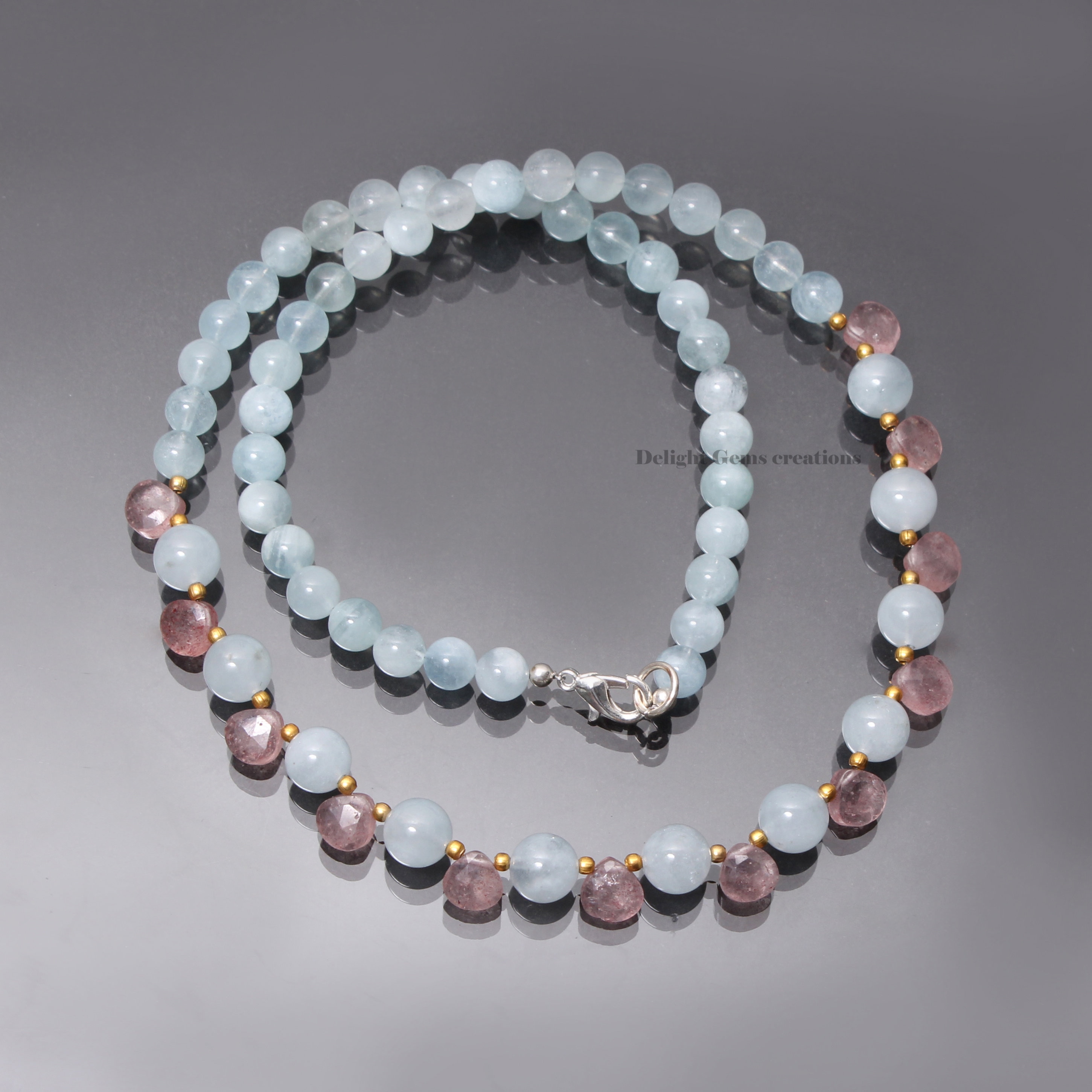 Aquamarine And Strawberry Quartz Beaded Necklace, March Birthstone, 20 Inch