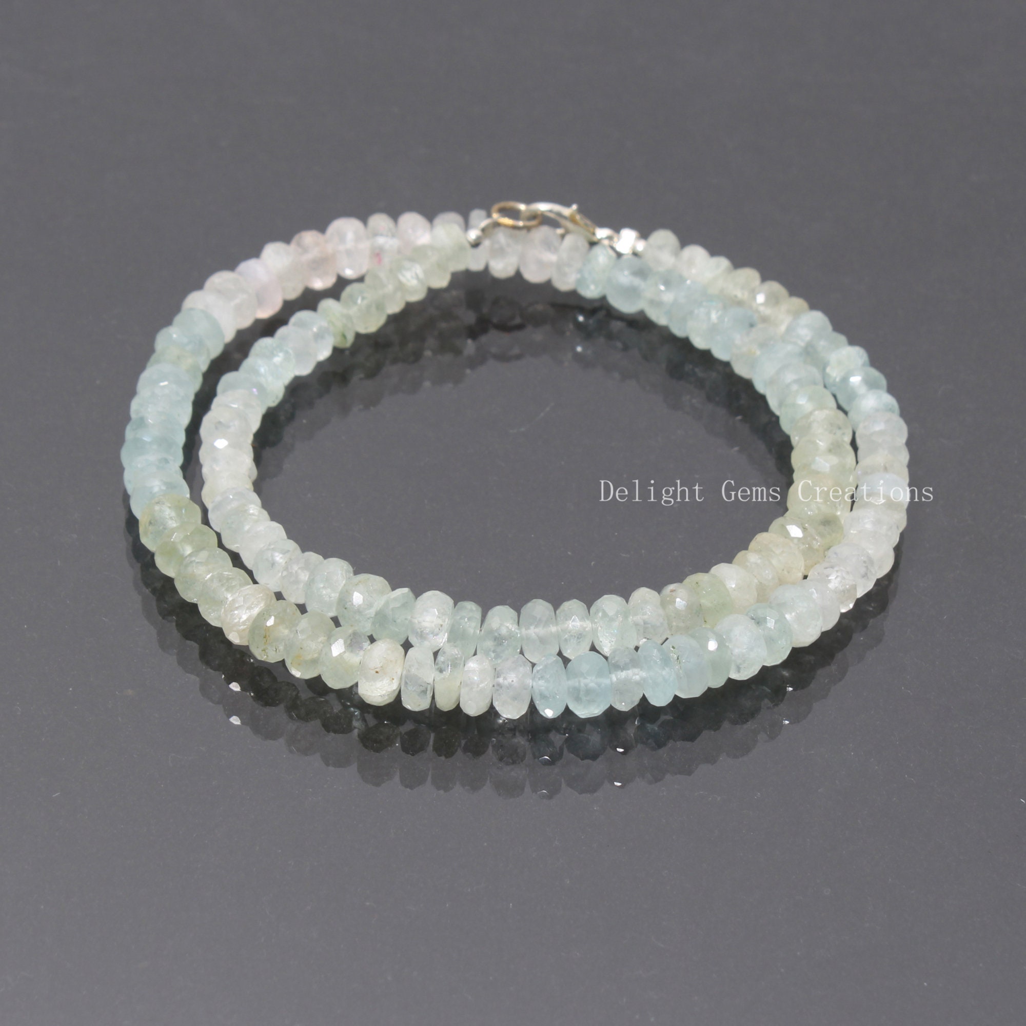 Aquamarine Beaded Necklace, Faceted Rondelle Gemstones, 925 Silver, 18 Inch