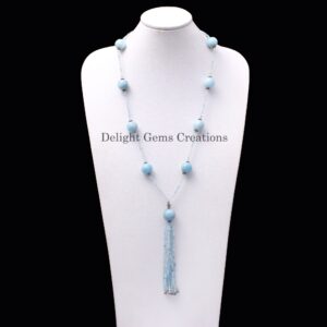 Aquamarine Beaded Tassel Necklace, Faceted & Smooth Round Beads, 20" + 3.5" Aquamarine Beaded Tassel Necklace, Faceted & Smooth Round Beads, 20" + 3.5"