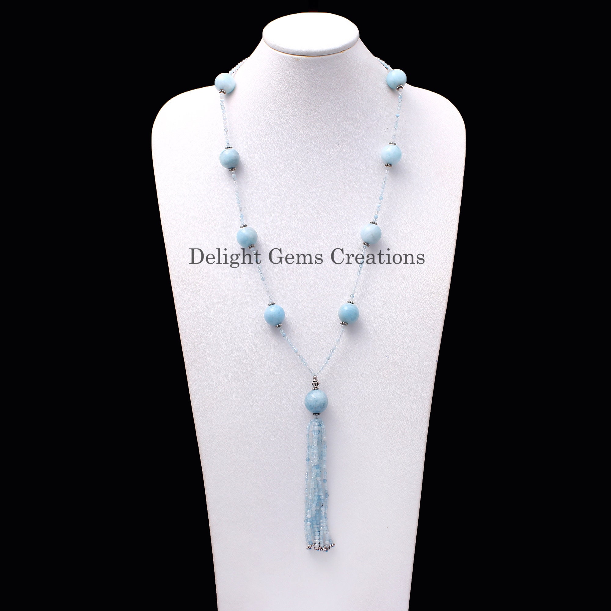 Aquamarine Beaded Tassel Necklace, Faceted & Smooth Round Beads, 20" + 3.5"