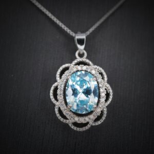 Blue Aquamarine Necklace Silver - March Birthstone - Life Of Flower -halo Solitaire 2.2 Ct - Blue Aquamarine Jewelry #478