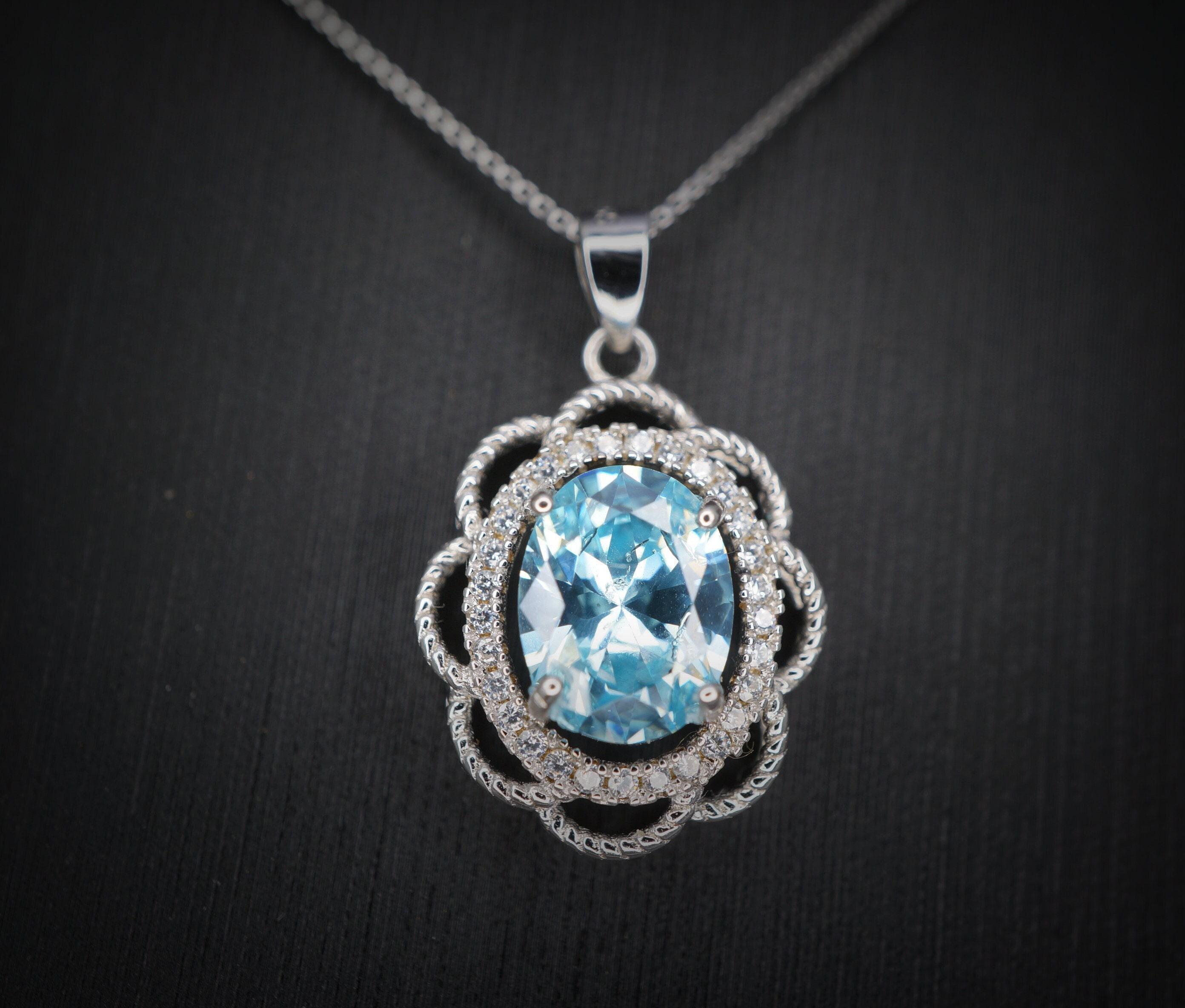 Blue Aquamarine Necklace Silver - March Birthstone - Life Of Flower -halo Solitaire 2.2 Ct - Blue Aquamarine Jewelry #478