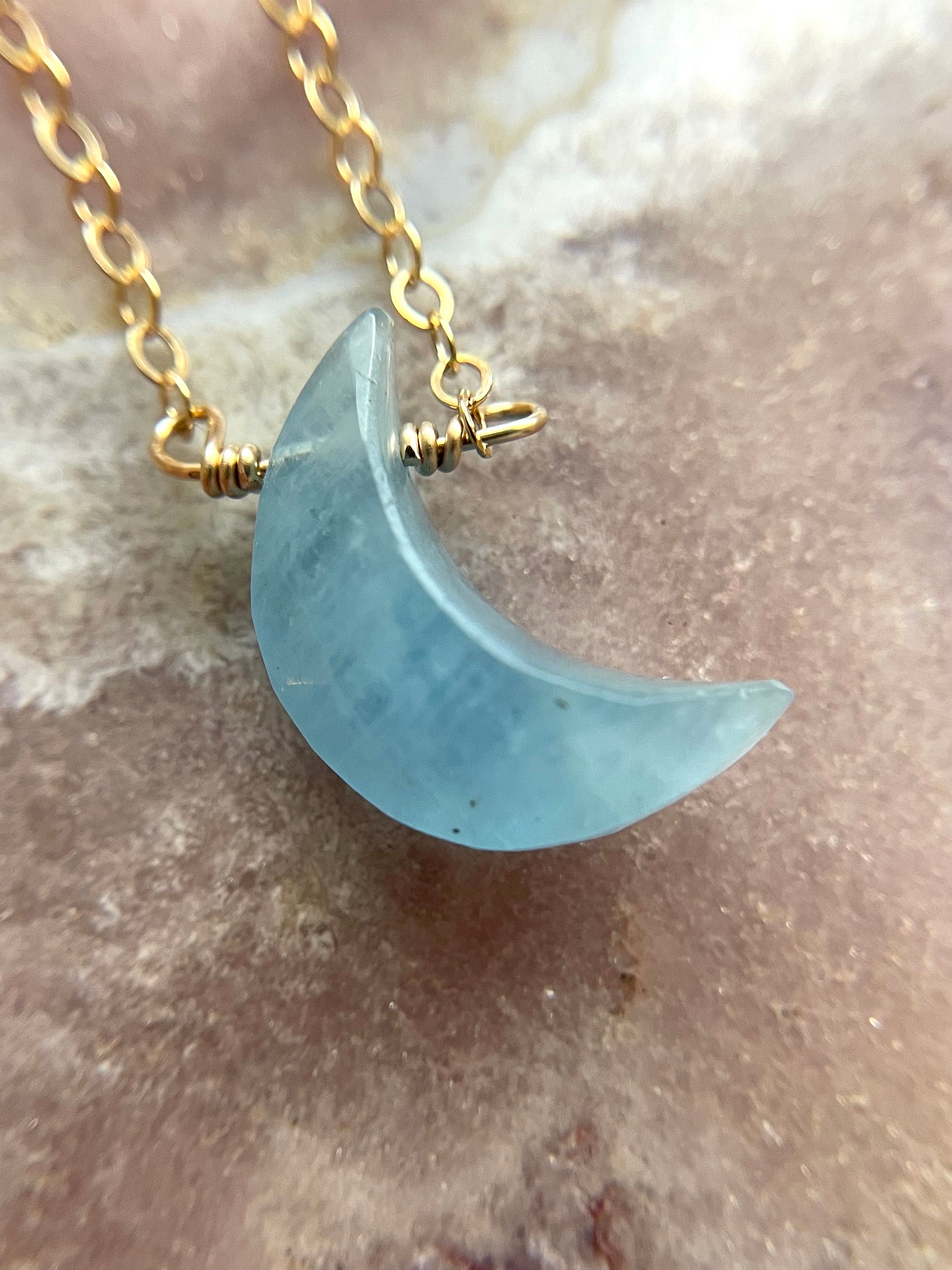 Aquamarine Crystal Moon Necklace 14kt Gold Filled Or Sterling Silver Chain, March Birthstone Jewelry Aquamarine Crystal Moon Necklace 14kt Gold Filled Or Sterling Silver Chain, March Birthstone Jewelry
