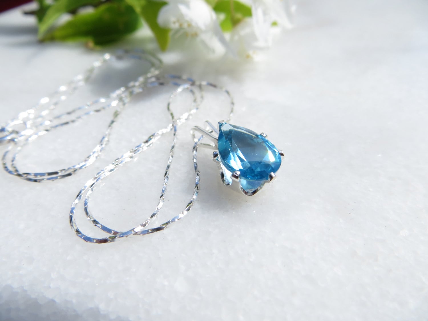 Aquamarine Cz Sterling Silver Necklace, March Birthstone