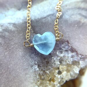 Dainty Aquamarine Heart Crystal Necklace: March Birthstone, Sterling Silver Or Gold