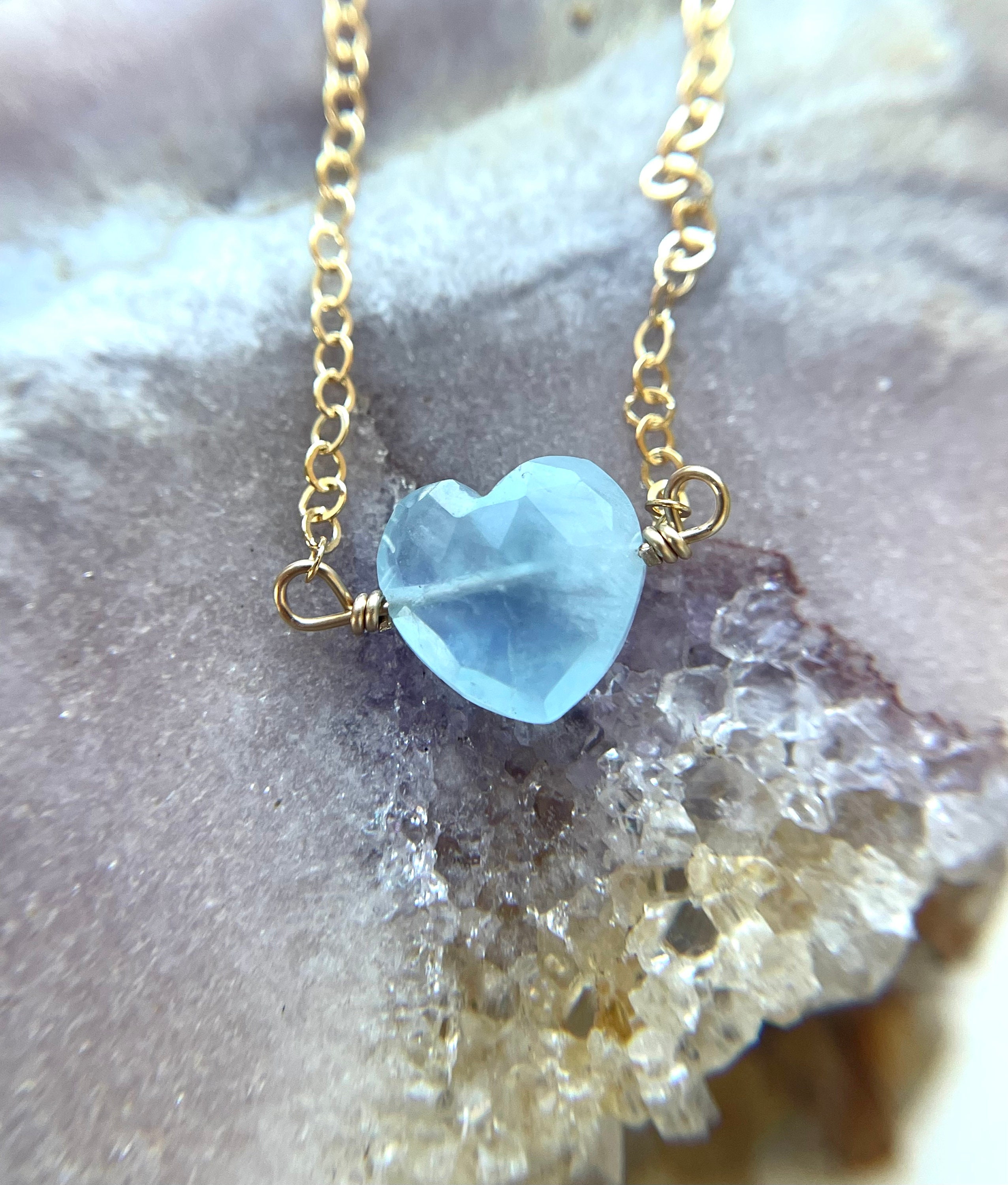 Dainty Aquamarine Heart Crystal Necklace: March Birthstone, Sterling Silver Or Gold Dainty Aquamarine Heart Crystal Necklace: March Birthstone, Sterling Silver Or Gold